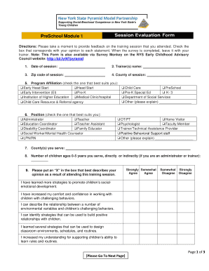 Session Evaluation Form PreSchool Module 1 Directions: Please take a moment to provide feedback on the training session that you attended - nysecac
