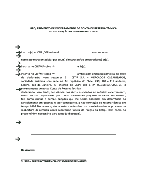 REQUERIMENTO DE ENCERRAMENTO DE CONTA DE RESERVA TÉCNICA E DECLARAÇÃO DE RESPONSABILIDADE