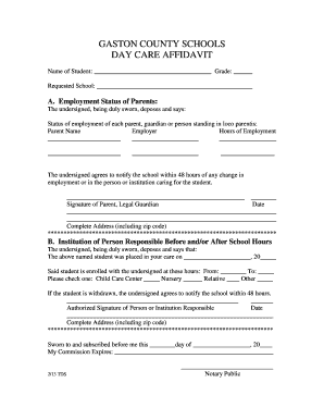 Gaston County Schools Day Care Affidavit