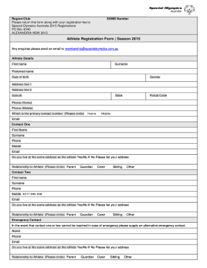 Special Olympics Australia Athlete Registration Form