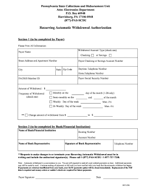 Pennsylvania Recurring Automatic Withdrawal Authorization Form