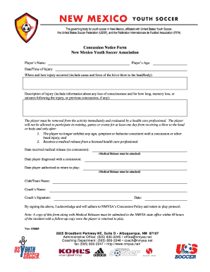 New Mexico Youth Soccer Concussion Notice Form