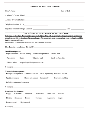 Preschool Evaluation Form