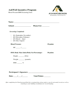 Blood Pressure and BMI Screening Form
