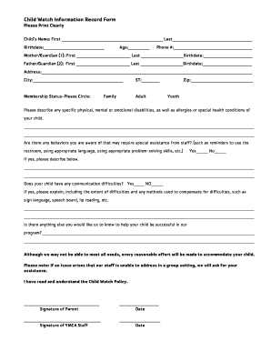 Child Watch Information Record Form