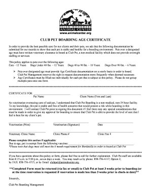 Club Pet Boarding Age Certificate