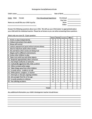 Kindergarten Social/Behavioral Scale Form