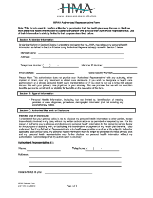 HIPAA AUTHORIZED REPRESENTATIVE FORM