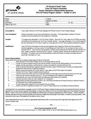 Girl Scouts Fall Product Coordinator Agreement