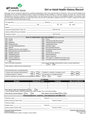 Girl Scouts Health History Record