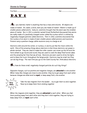Atoms to Energy Science Worksheet