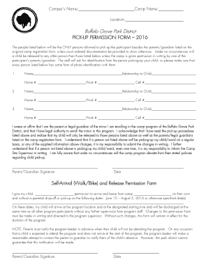 Buffalo Grove Park District Pick-Up Permission Form