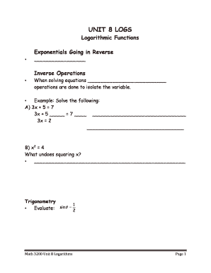 Math 3200 Unit 8 Logarithms Worksheet