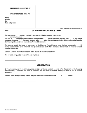 California Claim of Mechanic's Lien