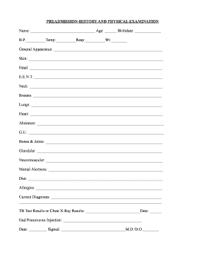 Pre-Admission History and Physical Examination Form