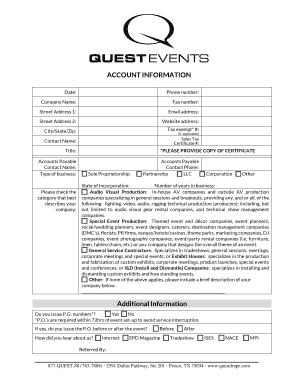 Quest Events Account Application and Credit Card Authorization