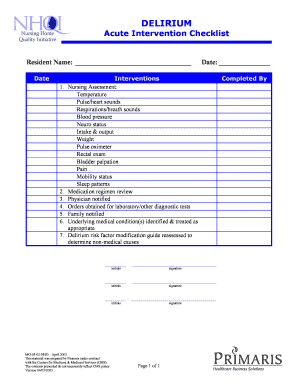 Delirium Acute Intervention Checklist