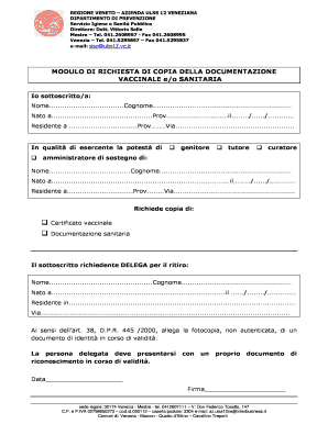 Modulo di richiesta di copia della documentazione vaccinale e/o sanitaria