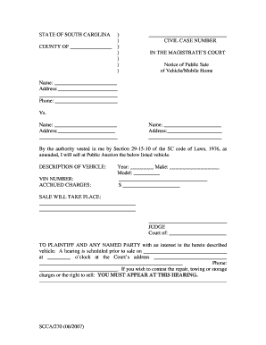 South Carolina Notice of Public Sale of Vehicle