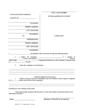 South Carolina Civil Case Complaint Form