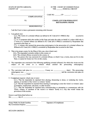 South Carolina Permanent Restraining Order Complaint