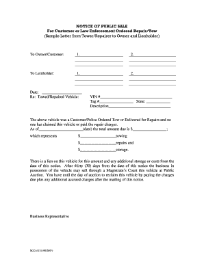 Notice of Public Sale for Towed or Repaired Vehicle