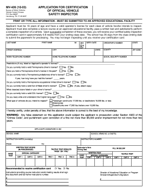 Pennsylvania MV-409 Safety Inspector Certification Application