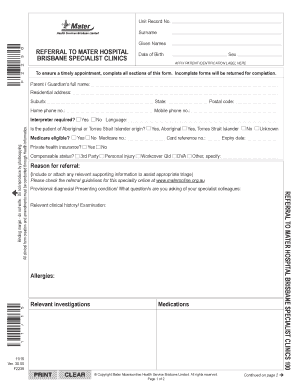 Referral to Mater Hospital Brisbane Specialist Clinics