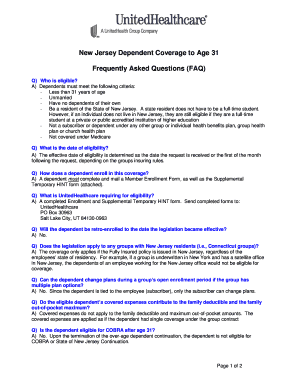 New Jersey Dependent Coverage to Age 31 Form