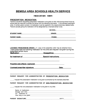 Bemidji Schools Prescription Medication Form