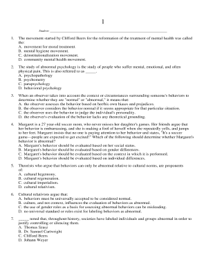 Abnormal Psychology Quiz