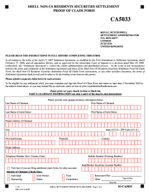 Shell Non-US Residents Securities Settlement Proof of Claim Form