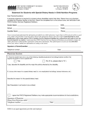 Special Dietary Needs Form for Students