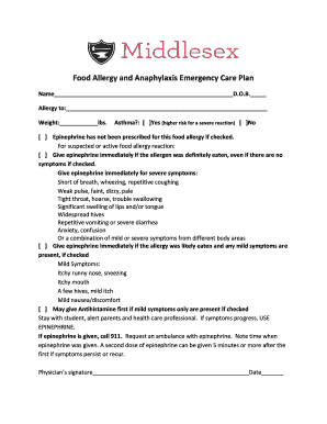 Food Allergy and Anaphylaxis Emergency Care Plan