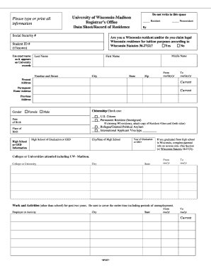 University of Wisconsin-Madison Residency Data Sheet