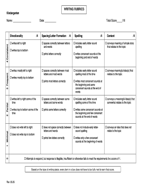 Kindergarten Writing Rubric