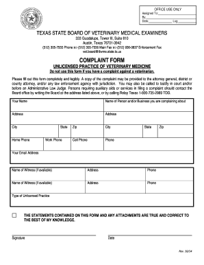 Texas Unlicensed Veterinary Practice Complaint Form