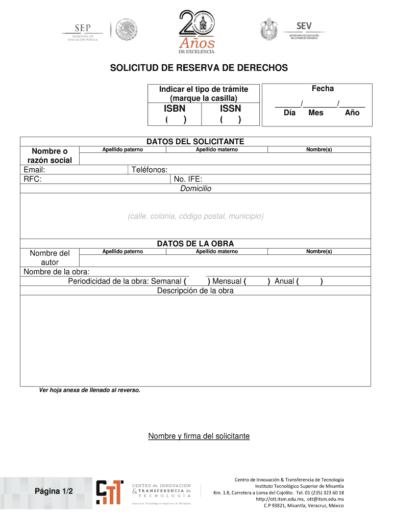 SOLICITUD DE RESERVA DE DERECHOS Indicar el tipo de Vista previa en la página 1