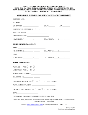 Union County After-Hours Business Emergency Contact Form
