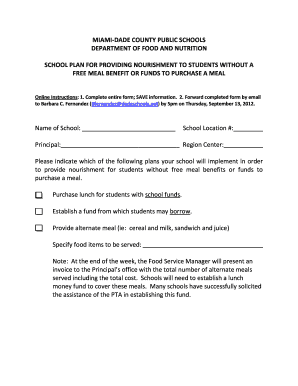 Miami-Dade School Meal Plan Form