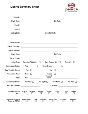 Commercial Property Listing Summary Sheet