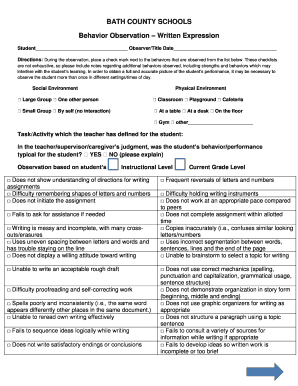 Behavior Observation Form for Written Expression