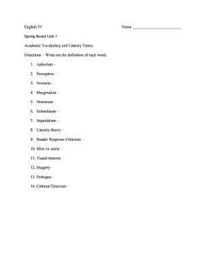 English IV Academic Vocabulary Worksheet