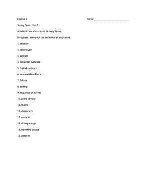 English II Academic Vocabulary and Literary Terms Worksheet