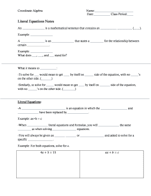 Coordinate Algebra Literal Equations Notes