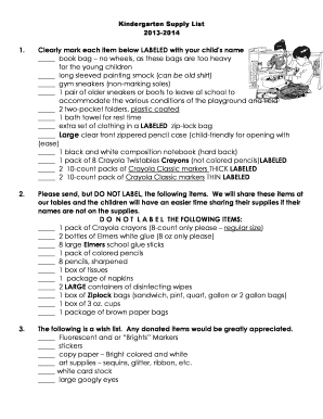 Kindergarten Supply List