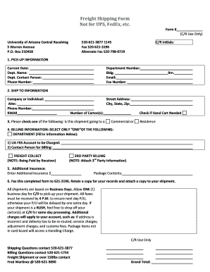 University of Arizona Freight Shipping Form