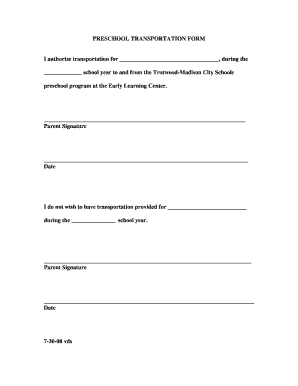 Preschool Transportation Authorization Form