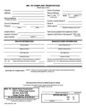 Florida Mobile Home Complaint Registration Form