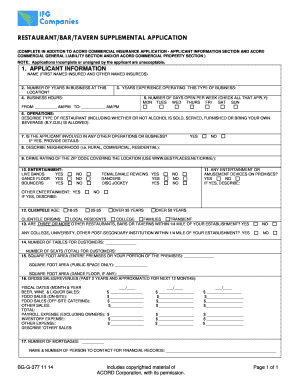 Restaurant/Bar/Tavern Supplemental Insurance Application
